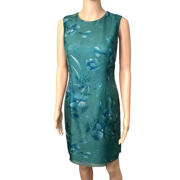 Vintage 90s Liz Claiborne 100% Silk Chiffon Dress Sz 6P Teal Floral Embellished - Picture 4 of 16